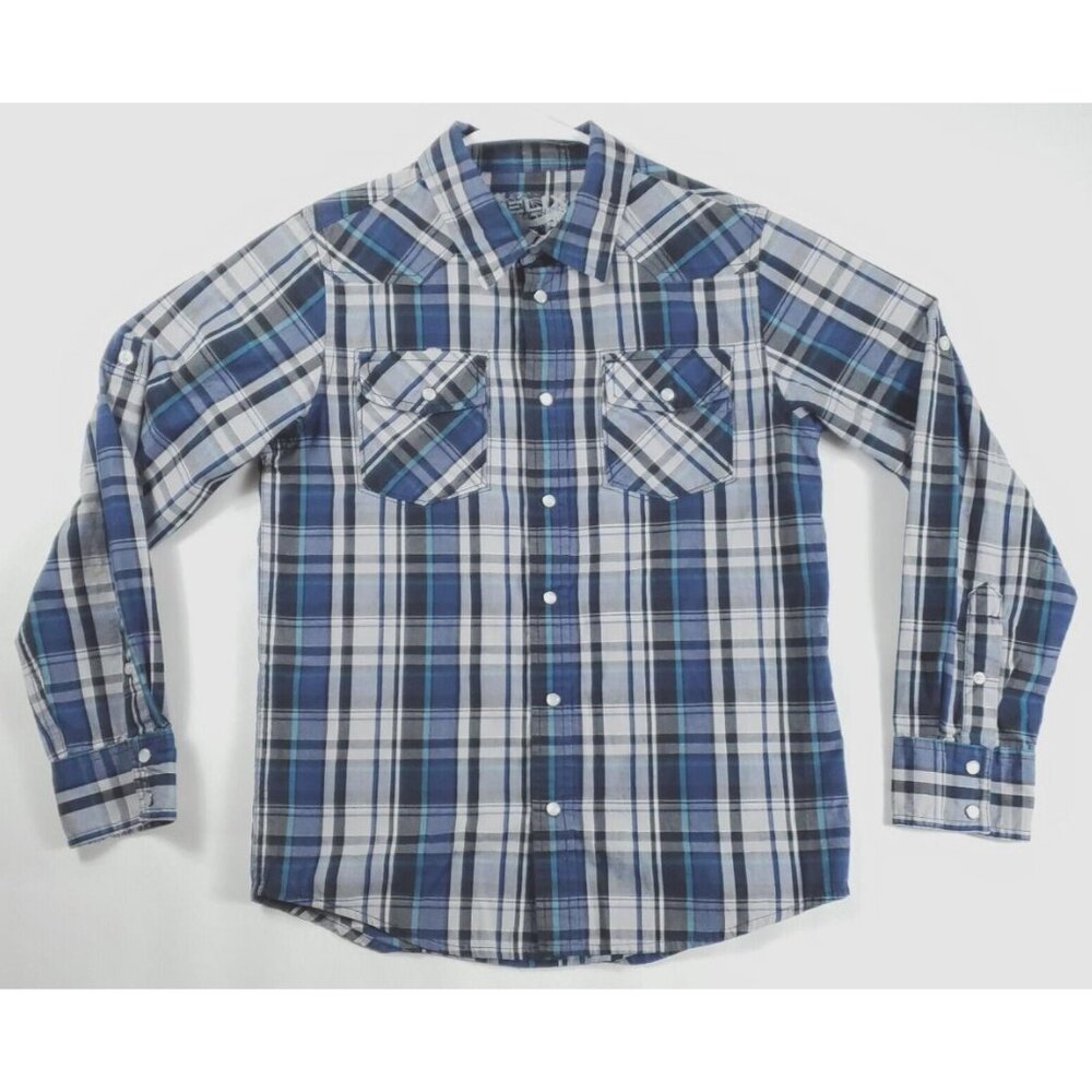 Helix Shirt Womens Large Blue Gray Pearl Snap Long Sleeve Cotton Plaid